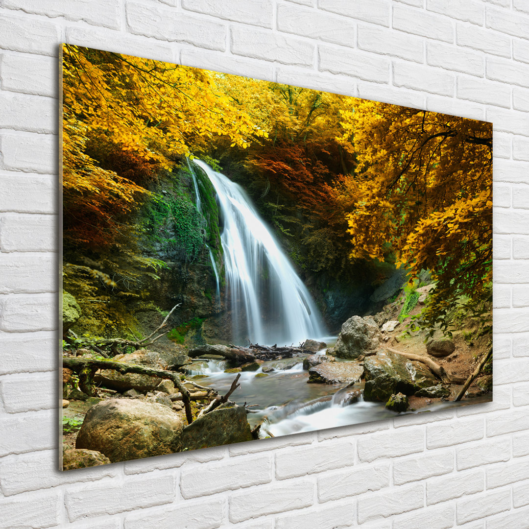 Glasbild Wasserfall im Wald