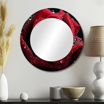 Red Rose with Raindrops II - Floral Large Mirror, Modern Round Decorative Wall Mirror, Printed Metal Art