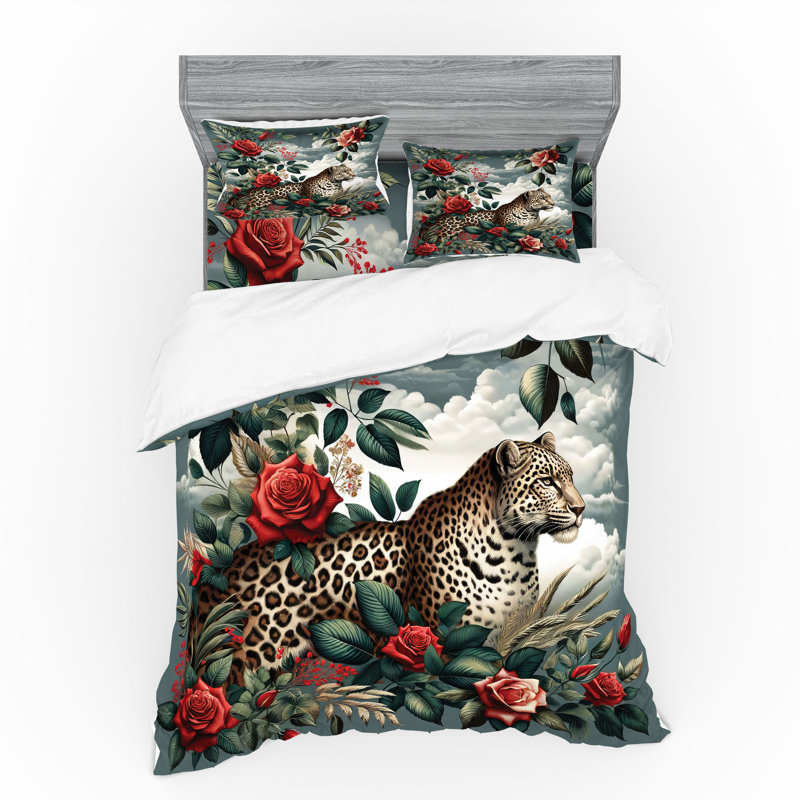 Ensemble de literie léopard Ambesonne et sarcelle et écarlate gris, Housse de couette grand + 3 pièces supplémentair