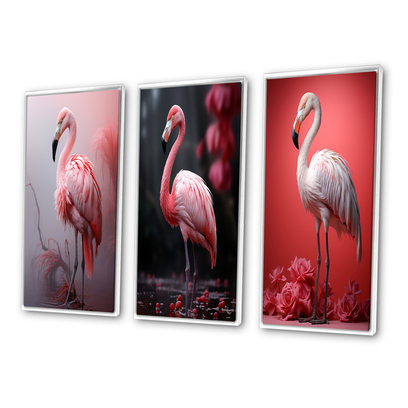 «Minimalisme flamant rose», 3 pièces sur toile, Cadre blanc, H 40 po x l 60 po