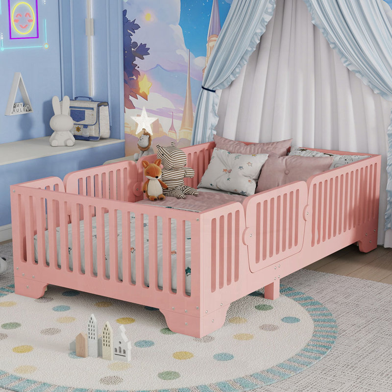 Lit simple au sol avec lattes et clôture, lits simples au sol avec porte Montessori, aucun sommier tapissier requis,, Rose
