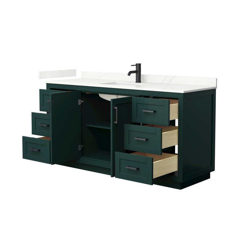 Meuble-lavabo simple autoportant de 66 po avec plateau en quartz Miranda, Quartz Giotto, Vert, Noir mat