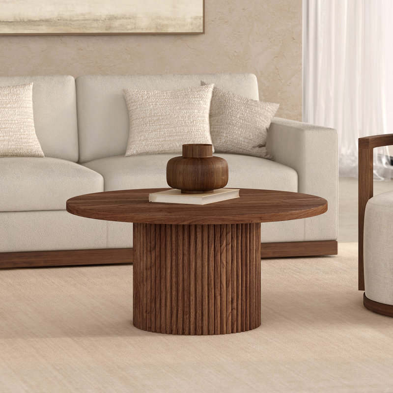 Table basse ronde et cannelée en noyer satiné 32 po Rollan, Noyer satiné