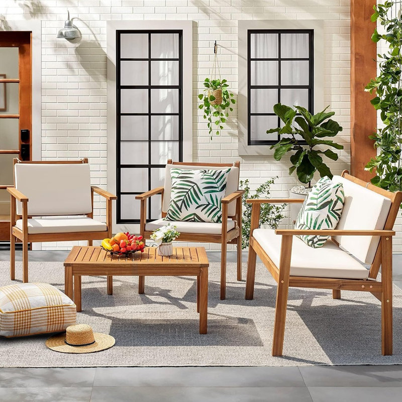 Ensemble de mobilier de patio 4 pièces en bois d'acacia, ensemble de sièges d'extérieur, fini naturel