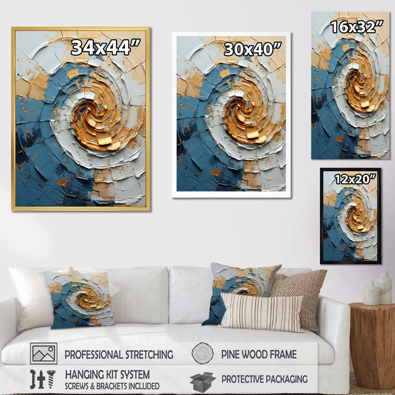 Décoration murale bleu et or tourbillon intemporel I - Abstract Spirals_106209, H 44 po x l 34 po x P 1,5 po