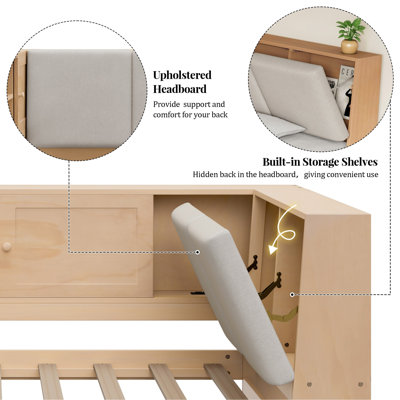Lit de jour en bois en L simple avec tiroirs d'angle sous le lit avec bibliothèque de rangement et tête de lit tapissier et ports de chargement USB pour un espace limité, naturel