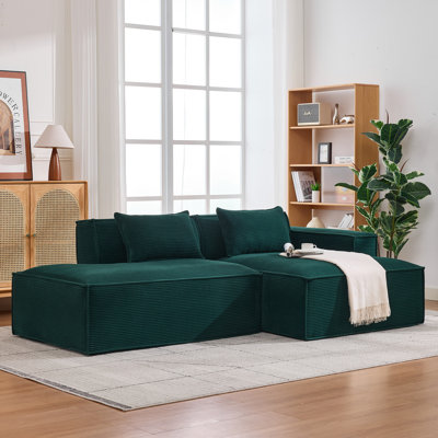 92 " L-Shaped Compression Corduroy Sectional Sofa, Modern Boneless Soft Upholstered Couch with Throw Blanket, No Assembly Required for Small Spaces