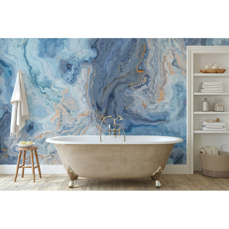 Papier peint effet marbre bleu avec veines dorées douces, L 106 po x l 187 po