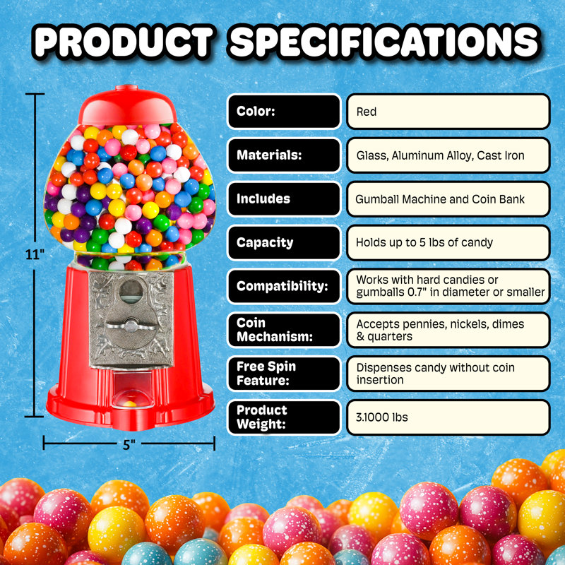 Vintage Gumball Machine - Distributeur automatique en métal coulé de 11 pouces de style rétro avec globe en verre et Free Spin par Great Northern Popcorn (rouge)