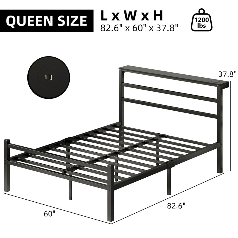 Bed Frame with LED Headboard Shelf, Bed Frame with Charging Station, Heavy Duty Steel Slats, Queen