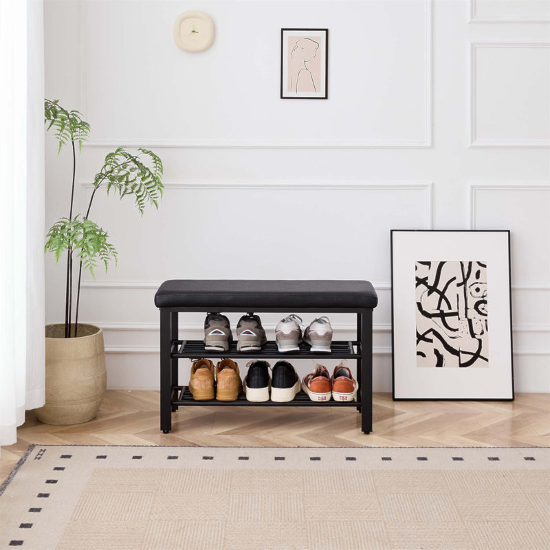 Compact 3-Tier Shoe Storage Bench With PU Cushion, Metal Mesh Shelves For Entryway And Hallway Organization