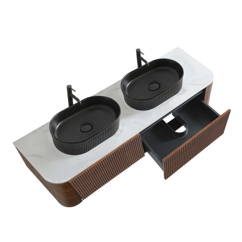 Meuble-lavabo courbé à double vasque avec rangement à fermeture en douceur et design naturel, Noyer, L 59 po, Blanc/Noir