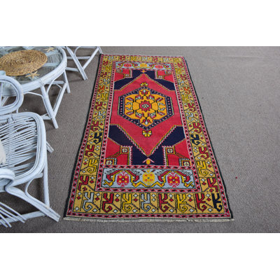 Handmade Turkish Vintage Wool Rug with Geometric Patterns ideal for Home Decor and Entryways