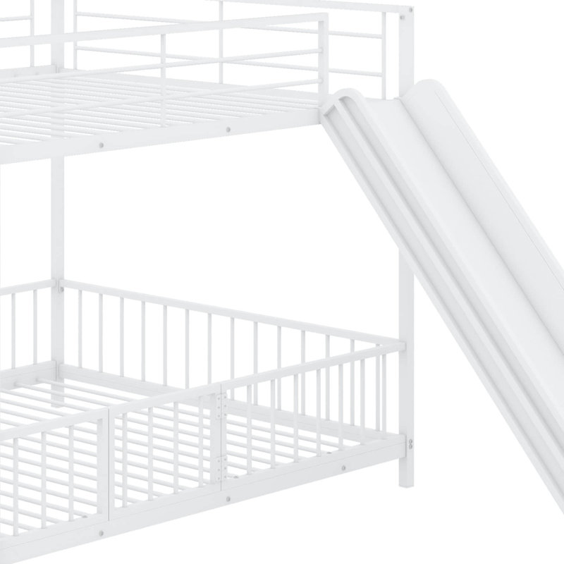 Twin Over Twin Size Metal Bunk Bed With Slide And Guardrails, White