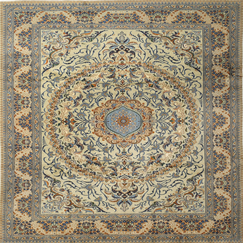 Tapis ivoire/bleu ciel traditionnel Arius, Carré 3 pi