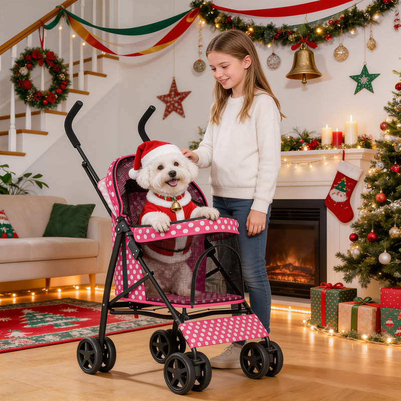 4-Wheel Folding Pet Stroller, Foldable Dog Jogger Stroller with Adjustable Canopy and Cup Holder, White/Pink