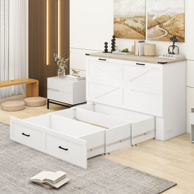Grand lit escamotable style ferme avec station de charge, lit plateforme pliable avec grand tiroir de rangement pour chambre d'amis, petite chambre