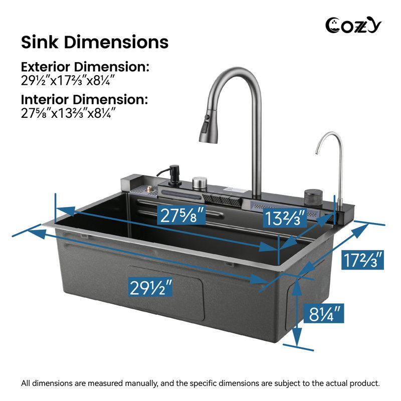 Drop-In Single Bowl Stainless Steel Kitchen Sink, L 29,5 po x l 18 po, Noir