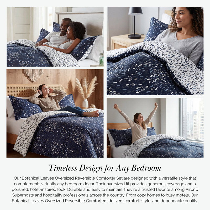 Vilano Choice Botanical Leaves Microfiber Reversible Duvet Cover Set, Blue, Full/Queen Comforter + 2 Standard Shams