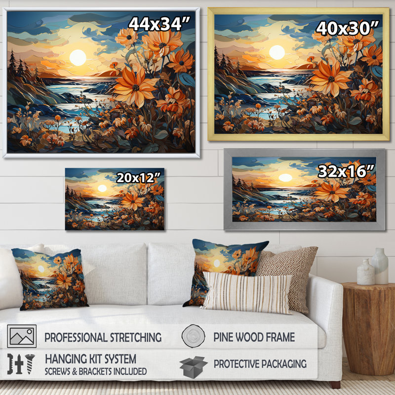 Tournesols, art liquide, champ de fleurs sur toile, Cadre naturel flottant, H 12 po x l 20 po x P 1 po