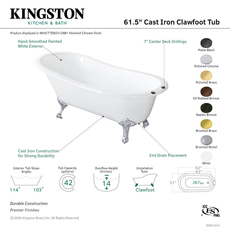 Kingston Brass Aqua Eden 61-Inch Cast Iron Oval Single Slipper Clawfoot Tub (7-Inch Faucet Drillings), White/Chrome Feet