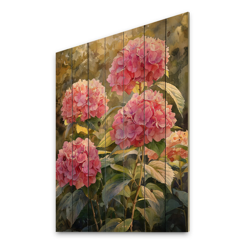 Hortensias dans un jardin ensoleillé III - décoration murale en bois d'hortensias - sur bois de pin naturel