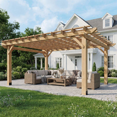 16 x 12 Ft Solid Wood Pergola for Backyard Patio, Freestanding Outdoor Shade Structure for Garden Deck & Poolside, Natural Wooden Grape Trellis for Climbing Vines, Wind-Resistant Design