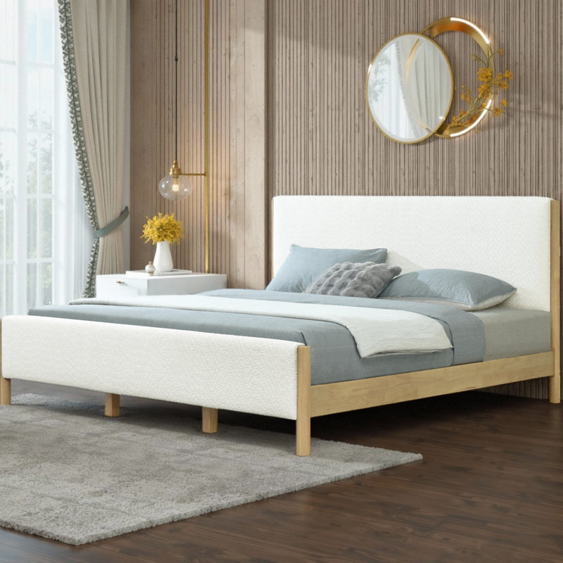 Modern White Boucle Upholstered Platform Bed Frame with Rubberwood Legs, Queen & King Size, No Box Spring Needed, King