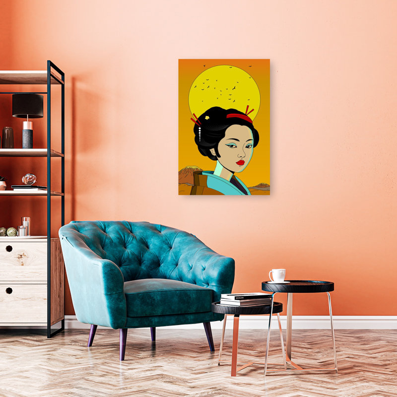Elegant Japanese Geisha Classic Elegant Serene Bird Mountain Portrait Wall Art Print 1 Piece Wrapped Canvas Wall Art