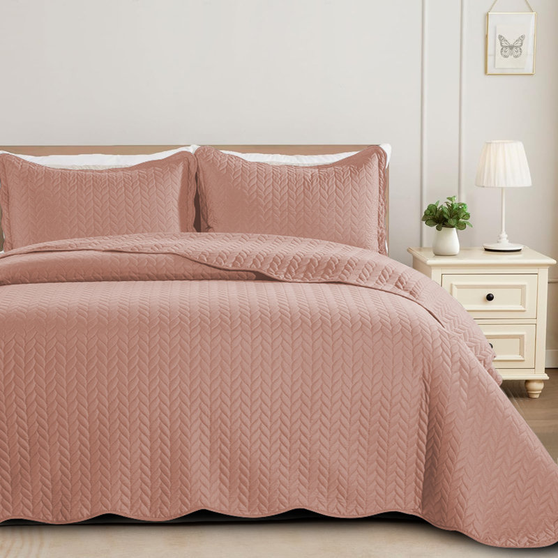 Oxford Homeware Embossed Microfiber Queen Bedspread Set - Soft and Oversized Bedding Set with Matching Shams, Peach