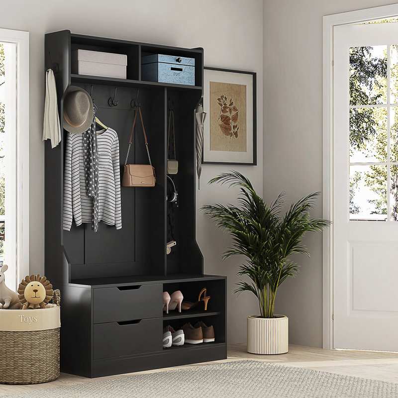Hall Tree With Bench With 6 Hooks Coat Hanger Entryway Bench Storage Bench, Black