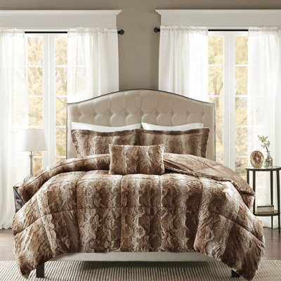 Édredon en fausse fourrure, ensemble de literie 4 pièces avec édredon, 2 taies décoratives, ensemble de coussins décoratifs brun, lavable à la machine