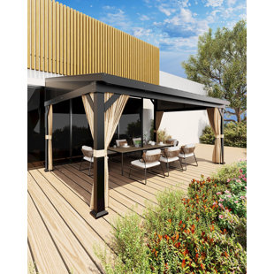 10'x14' Wall-Mounted Hardtop Lean to Gazebo with Aluminum Frame & Galvanized Steel Roof, Netting & Curtains for Patio,Garden