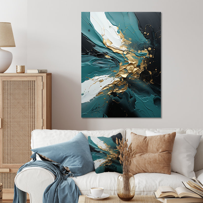 Or et vert cascade de marbre blanc III - art mural abstrait en métal, H 32 po x l 16 po x P 1 po
