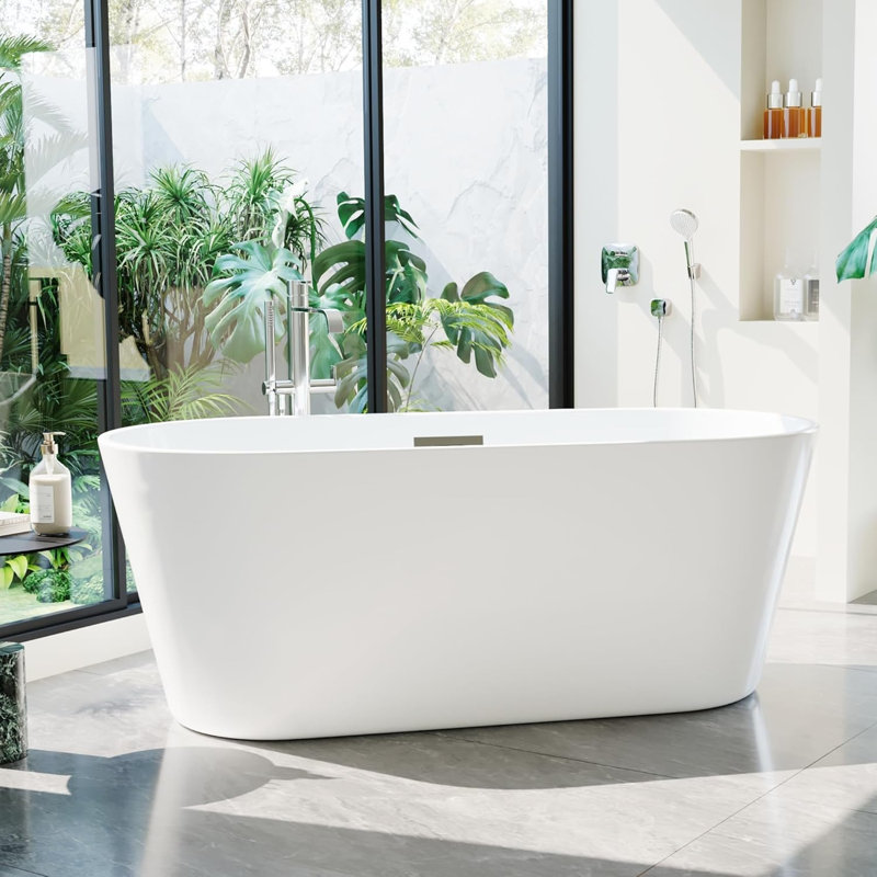 59 Inch Acrylic Freestanding Bathtub, Deep Soaking Tub with Non-Slip Base, CUPC Certified Free Standing Tub, Chrome Drain Bath Tub, Modern Tub for Bathrooms, White