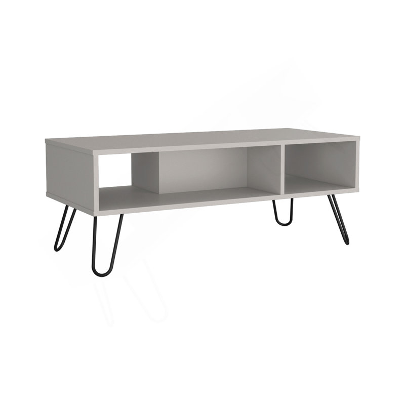 Table basse Vassel, pieds en épingle à cheveux, deux tablettes, Blanc