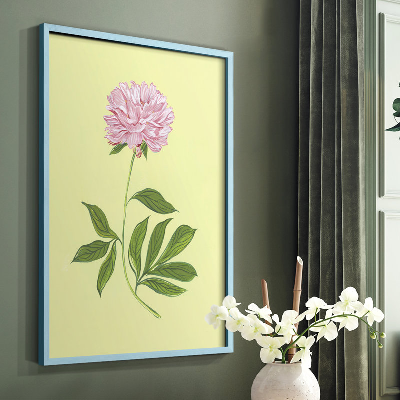 Pivoines en jaune I, reproduction encadrée - bois massif, Cadre simple bleu, H 10 po x l 8 po