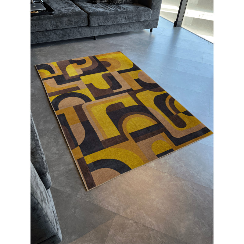 Tapis décoratif moderne à motif géométrique jaune-noir, Rectangle 5 pi 1,02 po x 7 pi 6,55 po