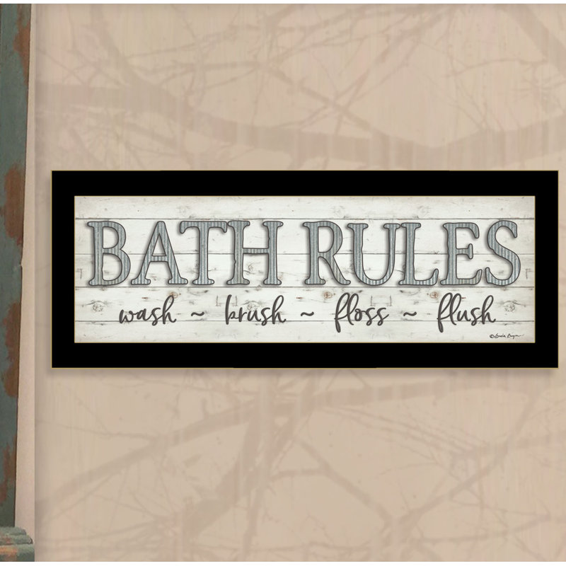 «Bath Rules», art mural encadré pour le salon et la maison, par Susie Boyer, Noir