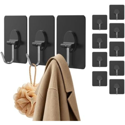 Adhesive Wall Hooks No Drill Black Heavy Duty, 13LB Sticky 12 Pack | Waterproof Black Sticky Hooks for Hanging, 13 lbs Max Load No Damage,Ideal for Towel,Coat,Bathroom,Kitchen,Home