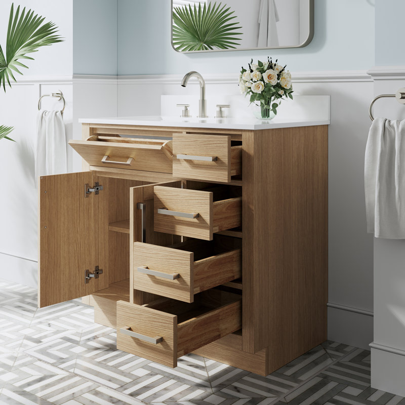 Meuble-lavabo sur pied en bois massif 36 po x H 35 po avec comptoir en marbre de culture blanc et lavabo simple en céramique, chêne