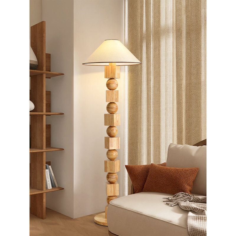 Lampe sur pied en bois d'hévéa et en tissu de style Wabi-Sabi, Naturel