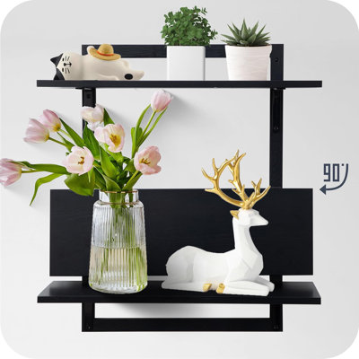 23.6-Inch Floating Shelves For Wall, 3-Tier Wooden Wall Mounted Shelves With Foldable Brackets, Heavy-Duty Storage For Kitchen, Living Room, Bedroom, Bathroom