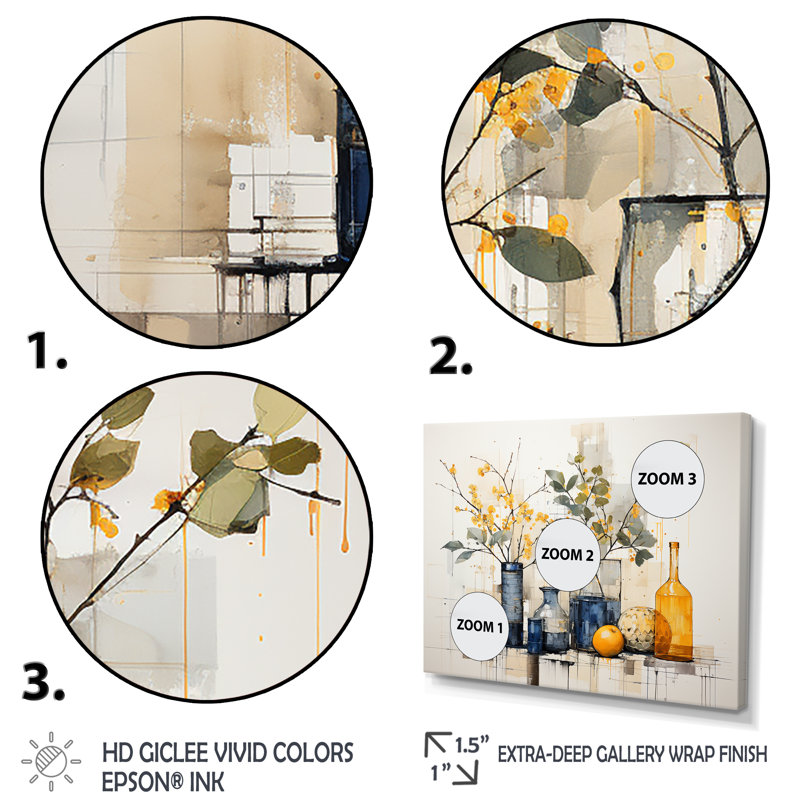 Bleu et jaune agrume Boho Pottery II - Boho Pottery, art mural, Cadre flottant brun, H 16 po x l 32 po x P 1 po