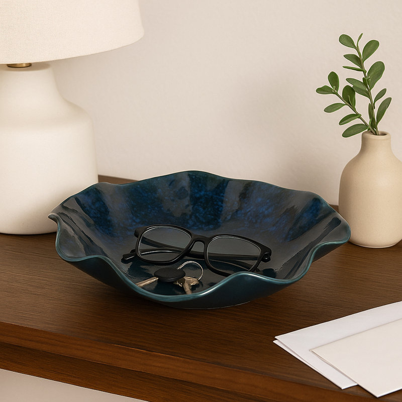 Decorative Round Glazed Pottery Bowl for Home Decor - Modern Wavy Edge Accent Bowl for Coffee Table Styling or Entryway - 16", Blue