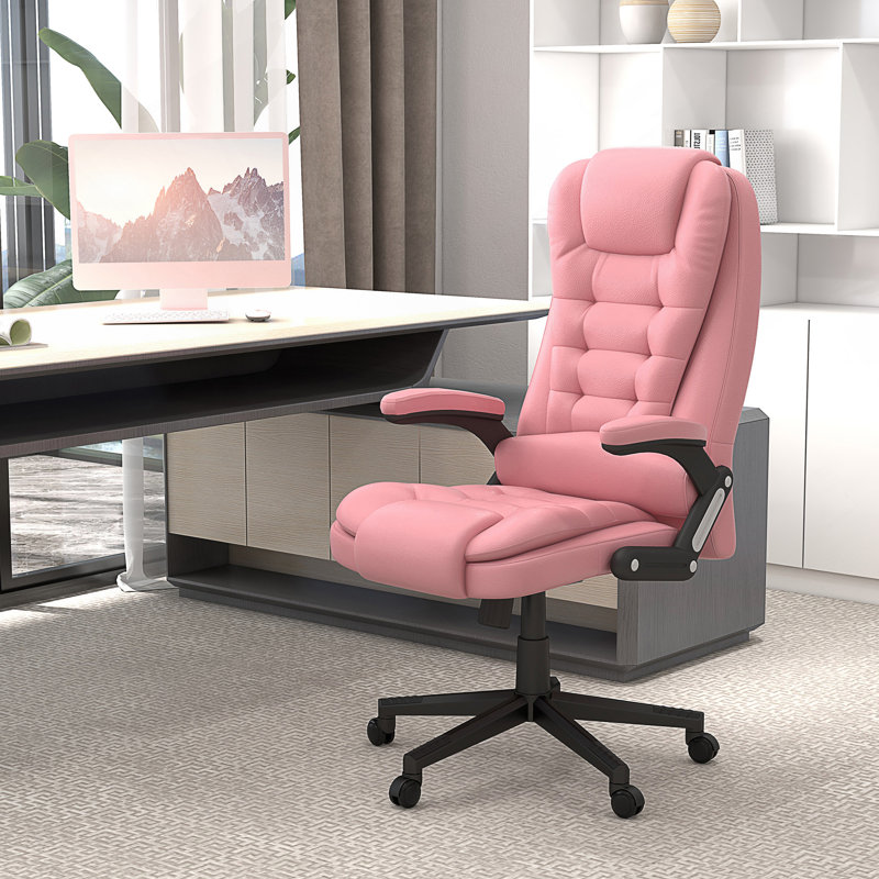 High Back Vibration Massage Office Chair with 6 Vibration Points, Heated Reclining with Remote, Pink, Polyester