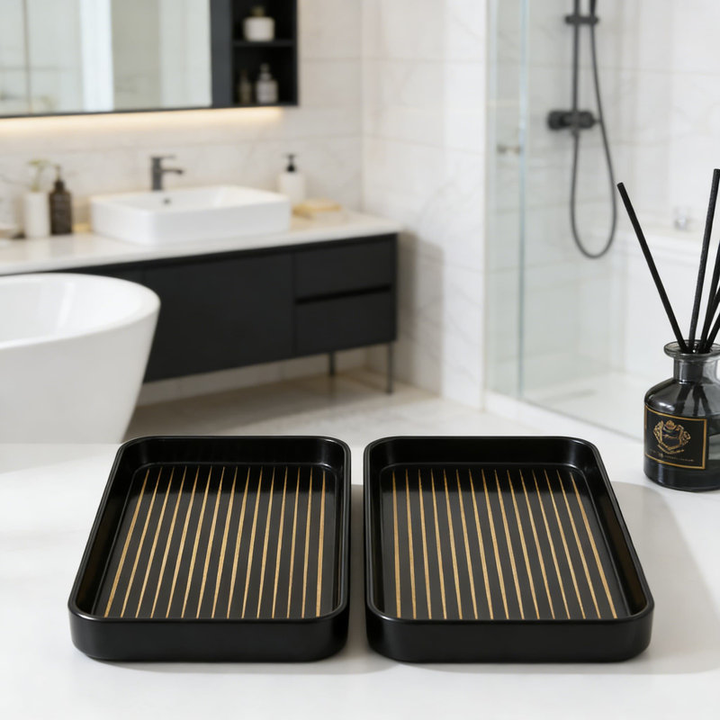 Ceramic Vanity Tray Set For Bathroom And Kitchen Countertop Organization, Waterproof And Heat Resistant Decorative Striped Organizer For Soap, Lotion, Jewelry, And Essentials