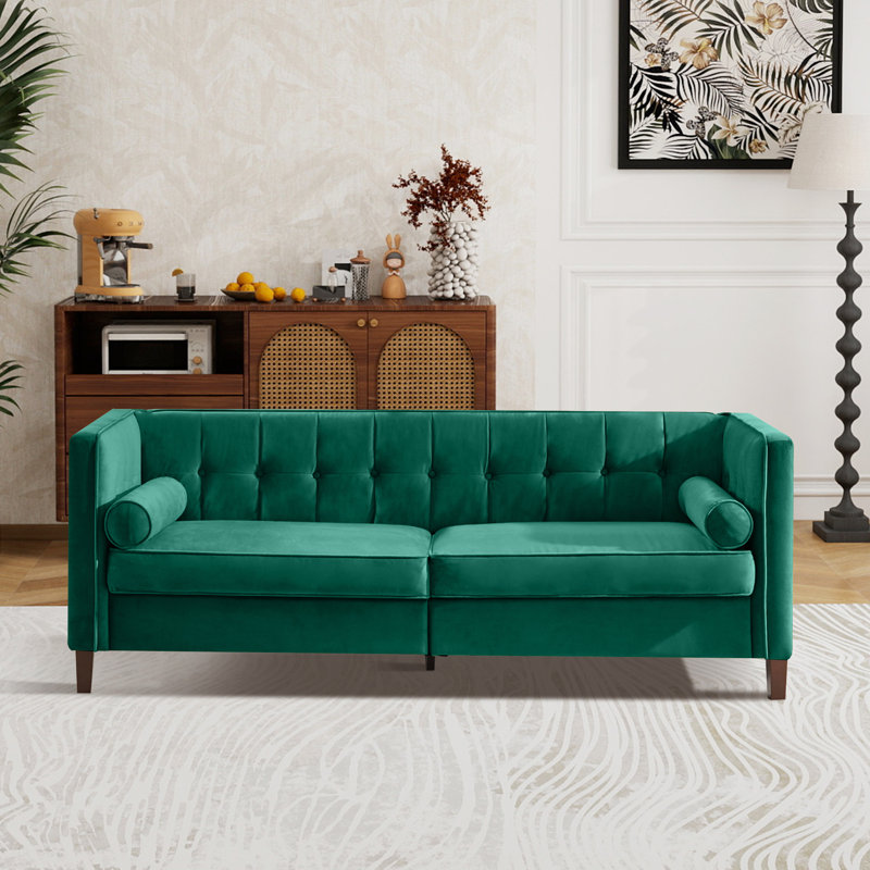 78''  Wide Velvet Tufted Square Arm Sofa, Green Velvet