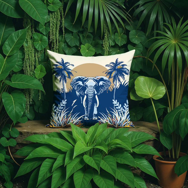 Coussin décoratif intérieur / extérieur Sima Elephant, Bleu, Carré 15 po
