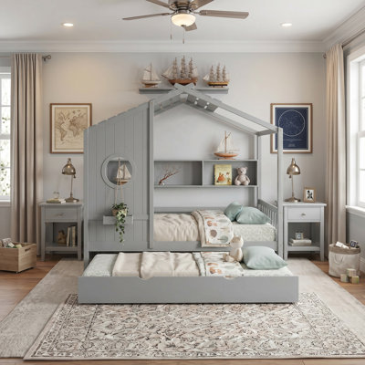 Gray Wooden Full Size House Bed With Trundle And Storage Shelves - Modern And Whimsical Design For Kids' Bedroom